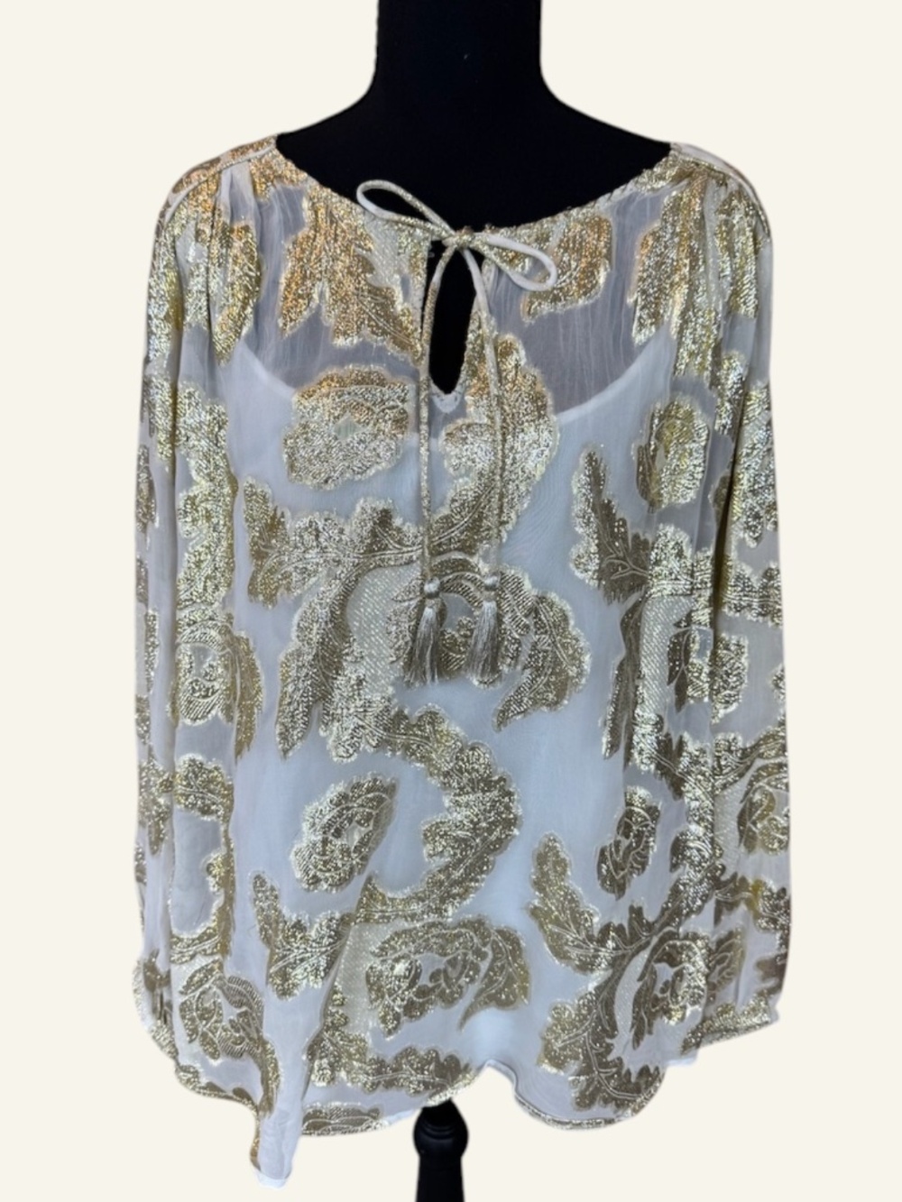 Tolani 2 Piece Gold Metallic Floral Blouse & Cami Size L Boho Tunic